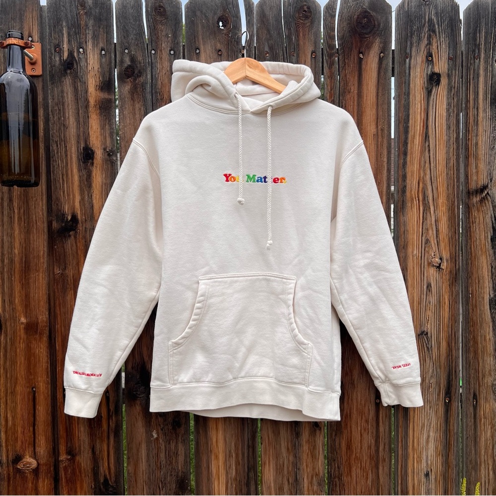 You Matter Unisex Off White Rainbow Embroidered Hoodie Sweatshirt Size S